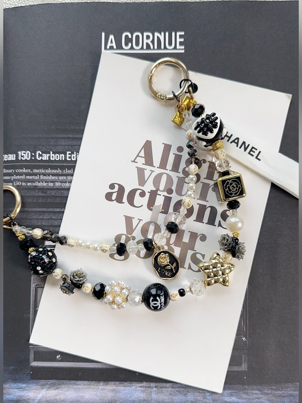 Authentic CC Ribbon & unbranded Black Gold CC style Bag Charm